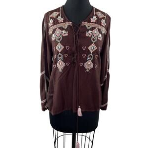 SAVAGE CULTURE Brown Embroidered Beaded Boho Lace Up Tunic Top Western M
